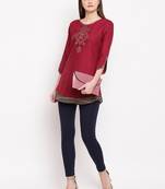 Maroon embroidered rayon short-kurtis