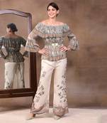 Green vintage Trails Printed Off-Shoulder Top With Pants