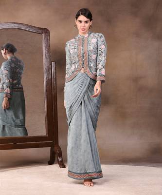Green vintage Trails Printed Drape Skirt With Embroidered Top 1