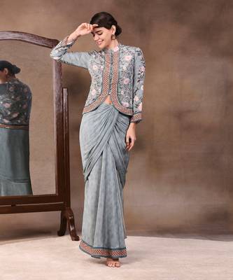 Green vintage Trails Printed Drape Skirt With Embroidered Top 2