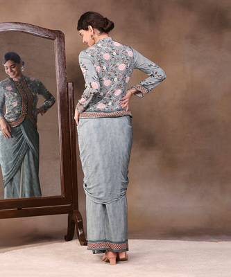 Green vintage Trails Printed Drape Skirt With Embroidered Top 3