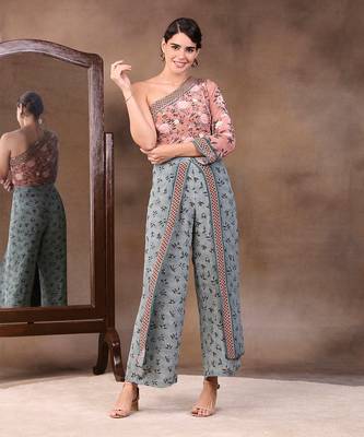 Mauve vintage Trails Printed One Shoulder Embroidered Top With Pant 1