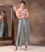 Mauve vintage Trails Printed One Shoulder Embroidered Top With Pant