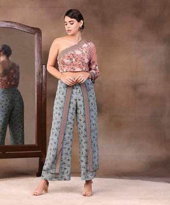 Mauve vintage Trails Printed One Shoulder Embroidered Top With Pant 2