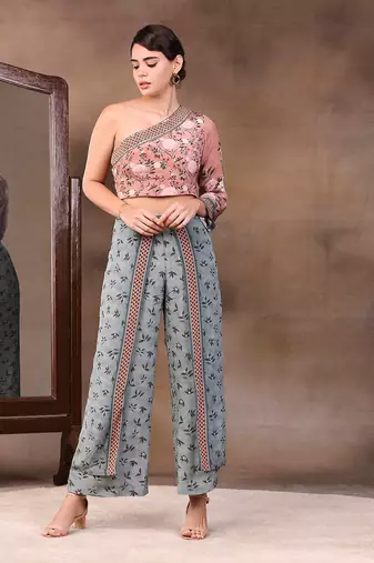 Mauve vintage Trails Printed One Shoulder Embroidered Top With Pant