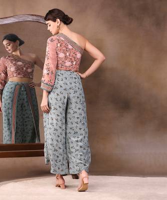 Mauve vintage Trails Printed One Shoulder Embroidered Top With Pant 3