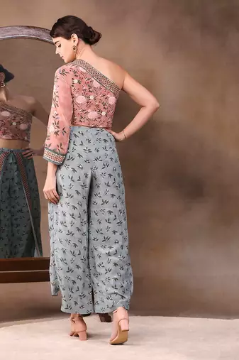 Mauve vintage Trails Printed One Shoulder Embroidered Top With Pant