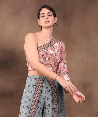 Mauve vintage Trails Printed One Shoulder Embroidered Top With Pant 4