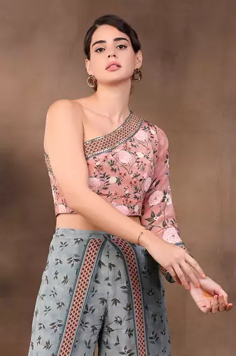Mauve vintage Trails Printed One Shoulder Embroidered Top With Pant