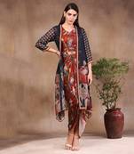 Red orchid Bloom Printed Drape Dress With Straight Jacket