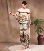 Multi Colour Conversational Printed Pant With Slited Sleeves Top