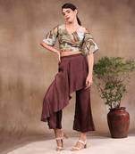 Brown conversational Printed Crop Top With Drape Pants