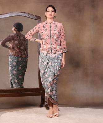 Vintage Trails Printed Drape Skirt With Embroidered Jacket 1