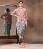 Vintage Trails Printed Drape Skirt With Embroidered Jacket