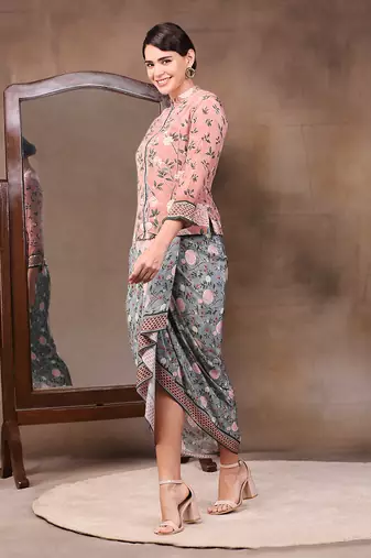 Vintage Trails Printed Drape Skirt With Embroidered Jacket
