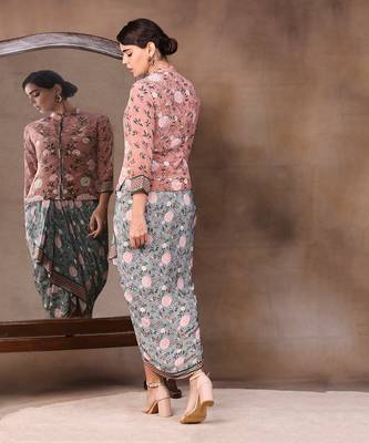 Vintage Trails Printed Drape Skirt With Embroidered Jacket 3