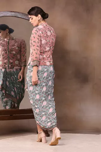 Vintage Trails Printed Drape Skirt With Embroidered Jacket