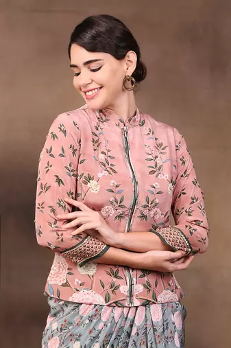 Vintage Trails Printed Drape Skirt With Embroidered Jacket