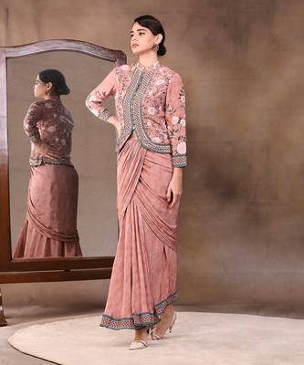 Vintage Trails Printed Drape Skirt With Embroidered Jacket 2