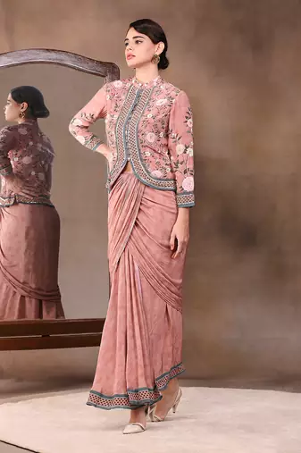Vintage Trails Printed Drape Skirt With Embroidered Jacket