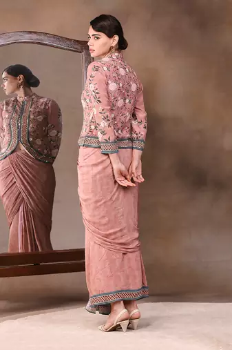 Vintage Trails Printed Drape Skirt With Embroidered Jacket