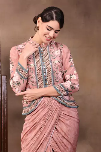 Vintage Trails Printed Drape Skirt With Embroidered Jacket
