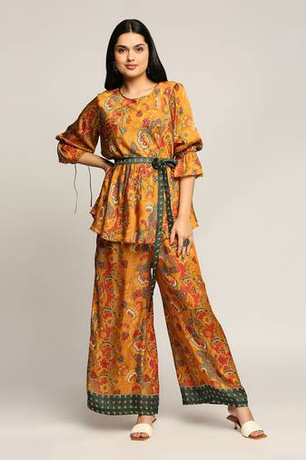 Mustard batik Printed Pant Set With Belt