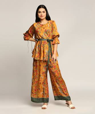 Mustard batik Printed Pant Set With Belt 1