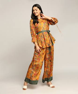 Mustard batik Printed Pant Set With Belt 2