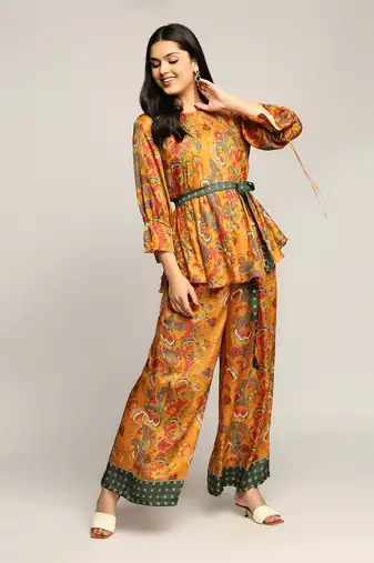 Mustard batik Printed Pant Set With Belt