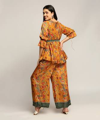 Mustard batik Printed Pant Set With Belt 3