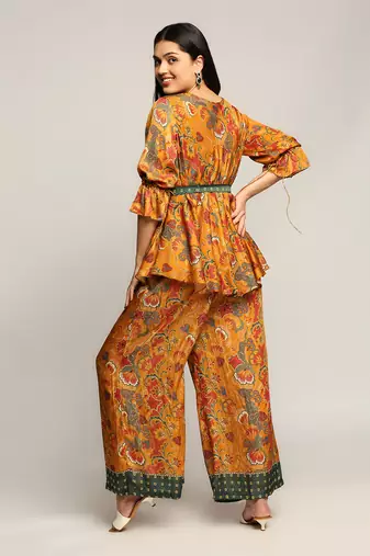 Mustard batik Printed Pant Set With Belt