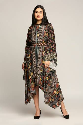 Black Batik Printed Asymmetrical Dress