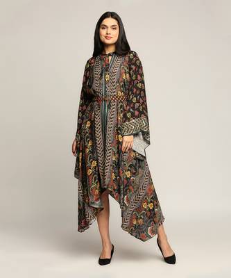 Black Batik Printed Asymmetrical Dress 1