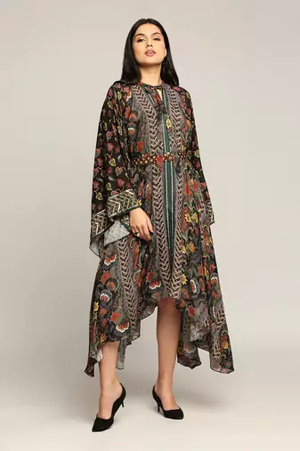 Black Batik Printed Asymmetrical Dress