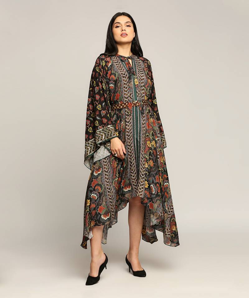 Black Batik Printed Asymmetrical Dress