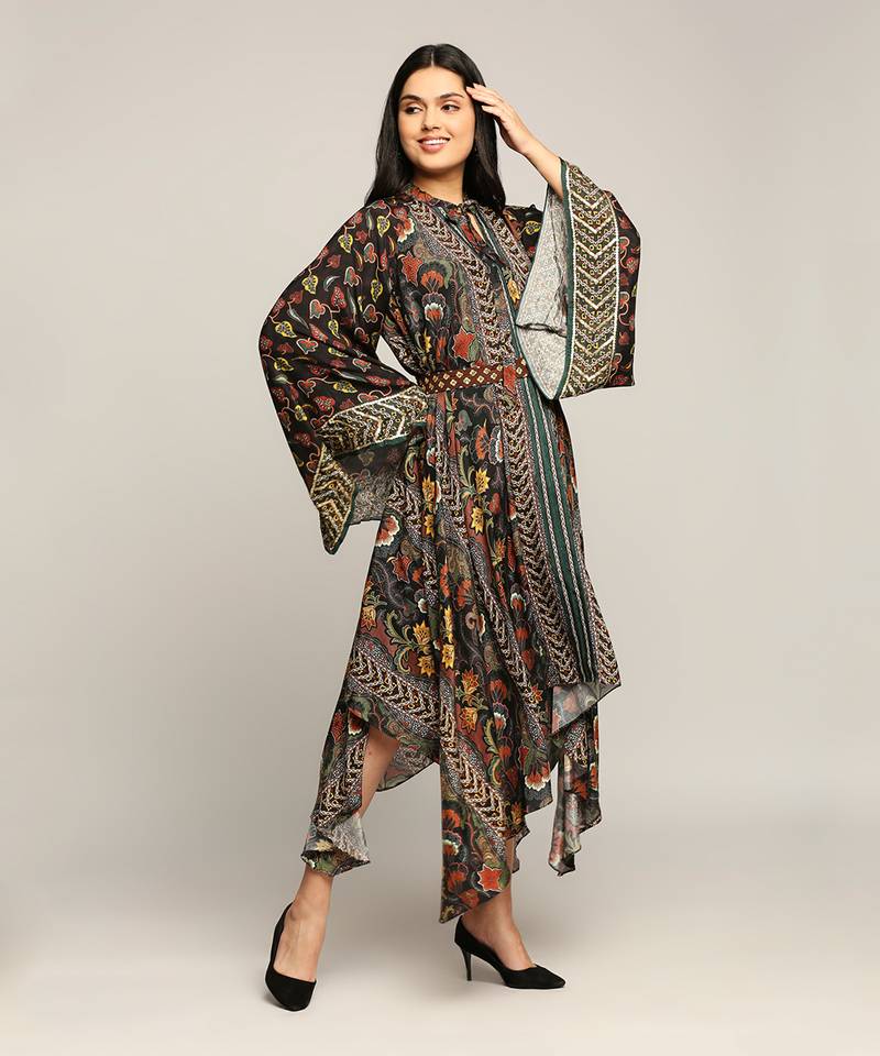 Black Batik Printed Asymmetrical Dress