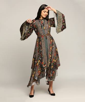 Black Batik Printed Asymmetrical Dress 4