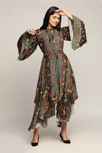 Black Batik Printed Asymmetrical Dress
