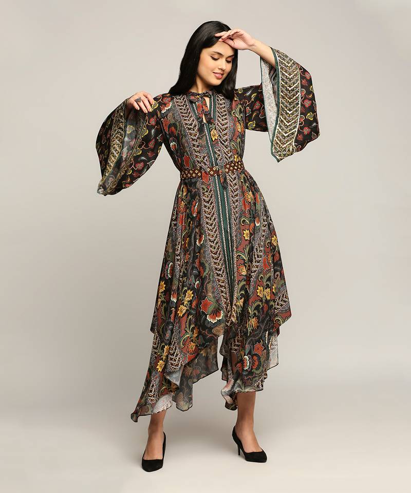 Black Batik Printed Asymmetrical Dress