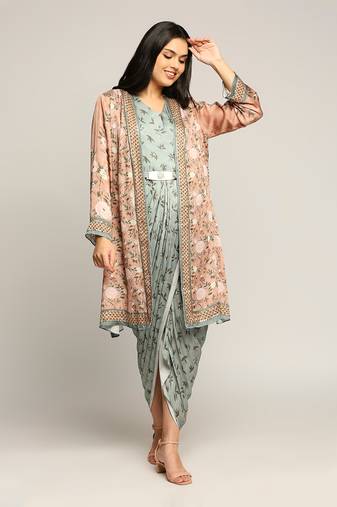 Green And Peach vintage Trails Printed Drape Dress With Jacket