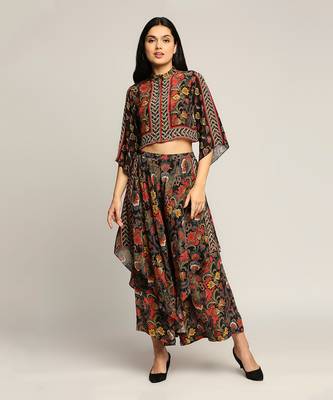 Black batik Printed Top With Layered Pants 1