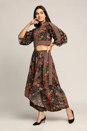 Black batik Printed Top With Layered Pants