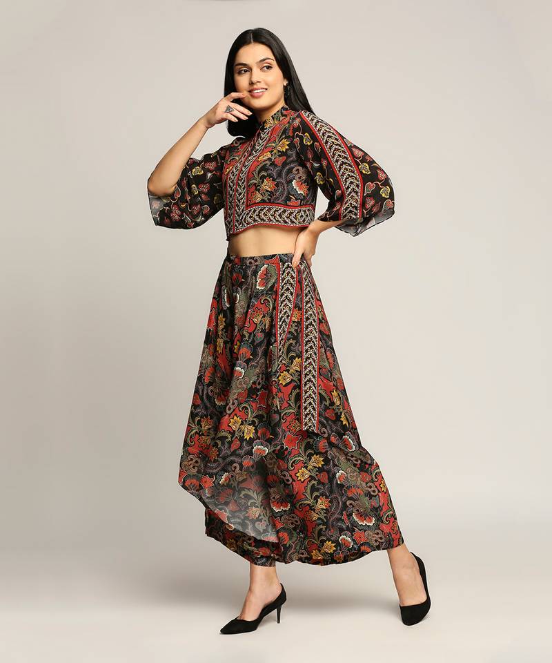 Black batik Printed Top With Layered Pants