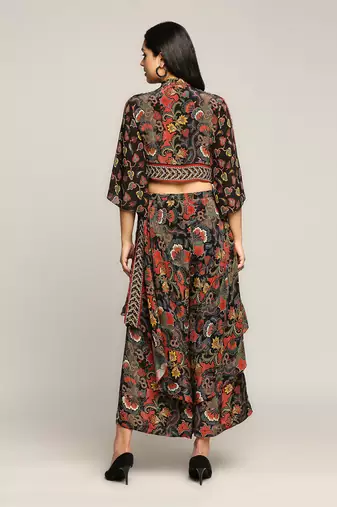 Black batik Printed Top With Layered Pants
