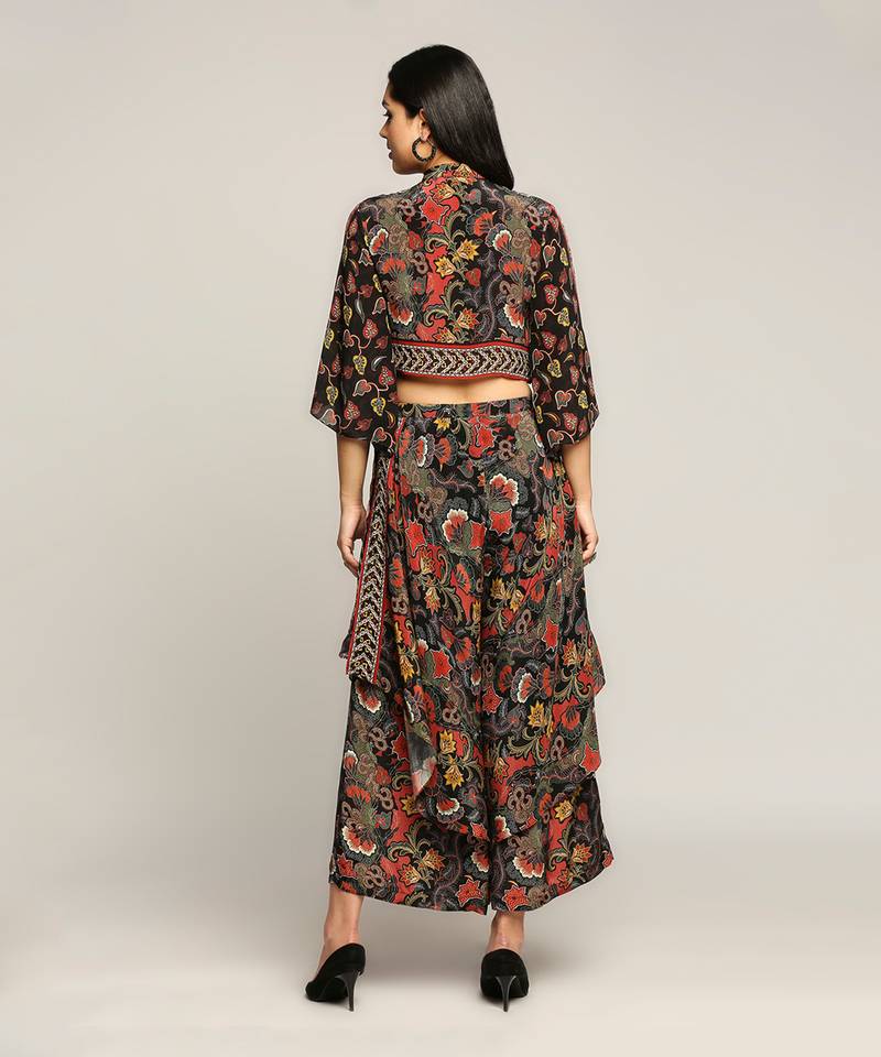 Black batik Printed Top With Layered Pants