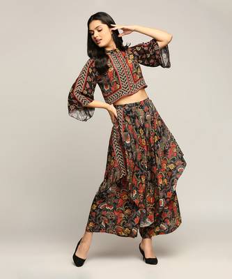 Black batik Printed Top With Layered Pants 4
