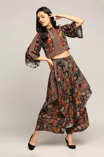 Black batik Printed Top With Layered Pants