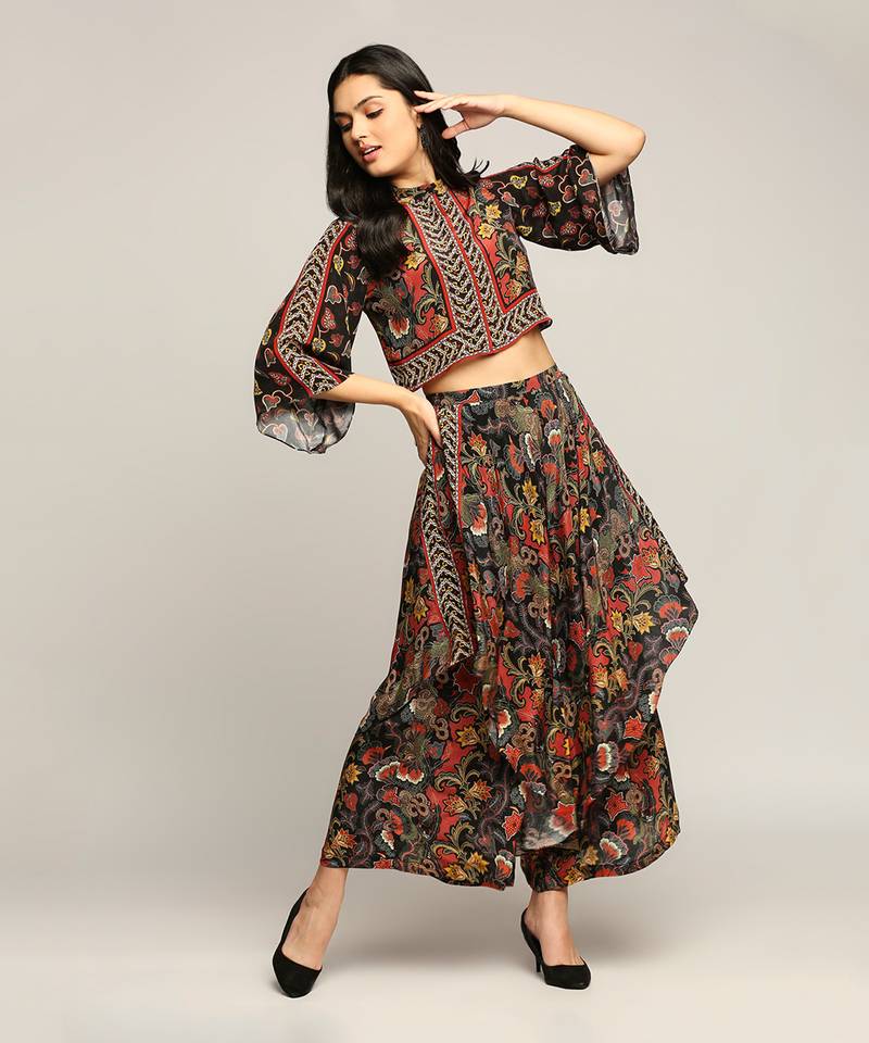 Black batik Printed Top With Layered Pants