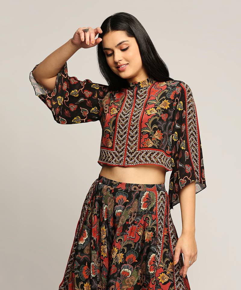 Black batik Printed Top With Layered Pants
